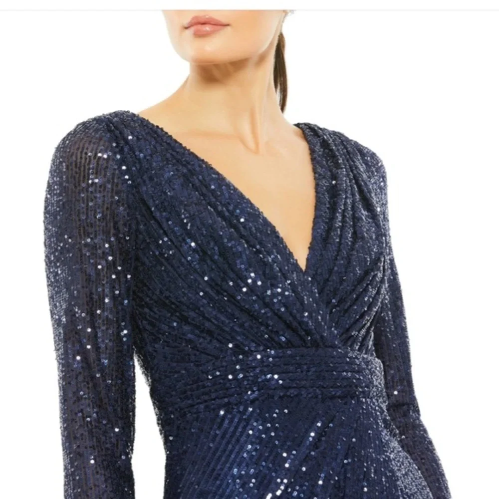 Mac Duggal Sequined long sleeve midi dress prom formal‎ midnight blue size 0